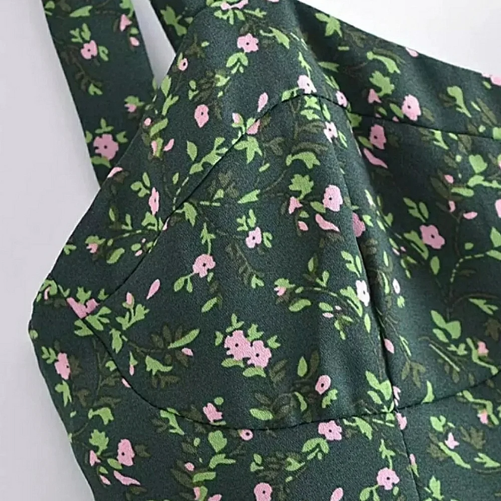 Green Floral Sweetheart Neck Chiffon Dress with Ribbon Straps - Picture 9 of 16